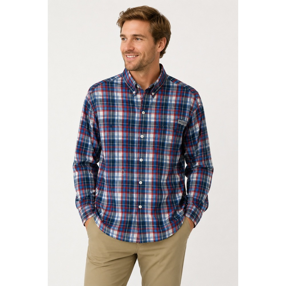 Columbia Button Front‎ PFG Fishing Shirt Mens Medium Blue Plaid Vented Polyester